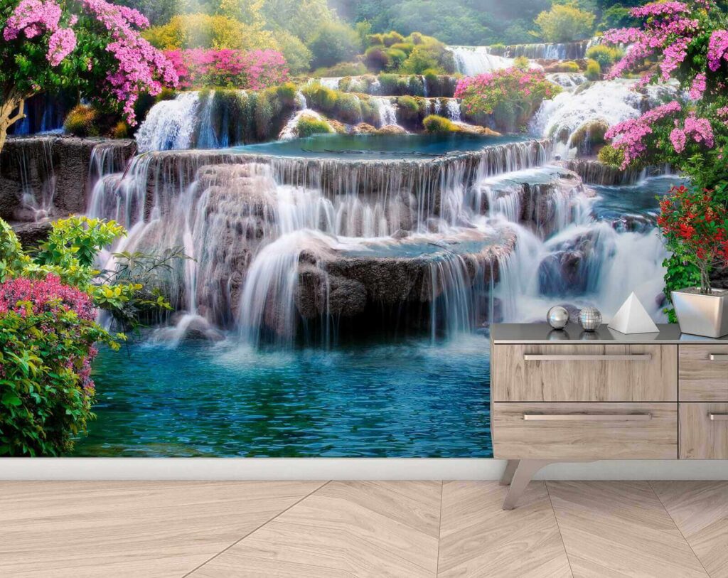 Cascata tra arbusti rosa — ambiente 9