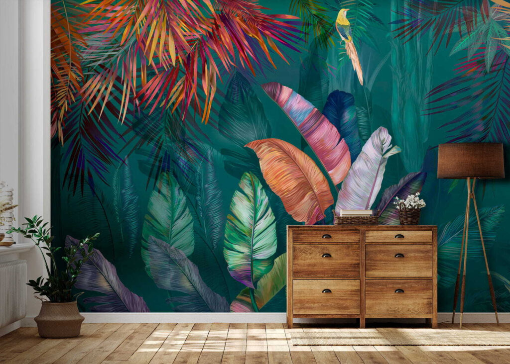Foglie tropicali color gioiello in un ambiente