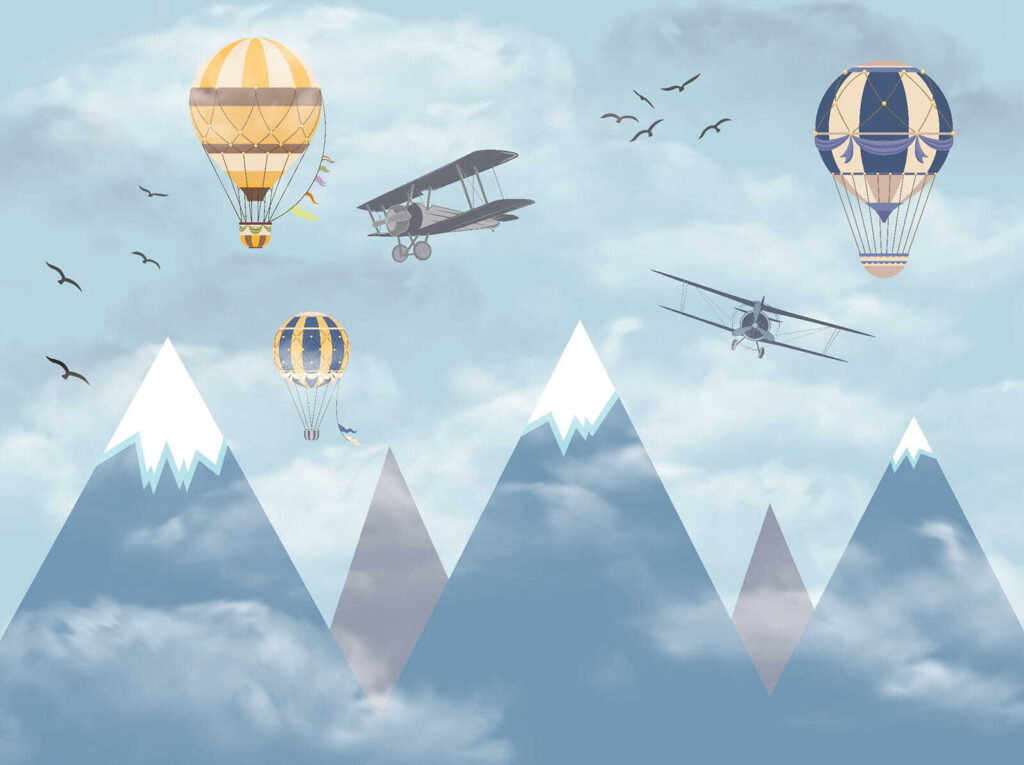 Mongolfiere sopra cime bianche — design completo