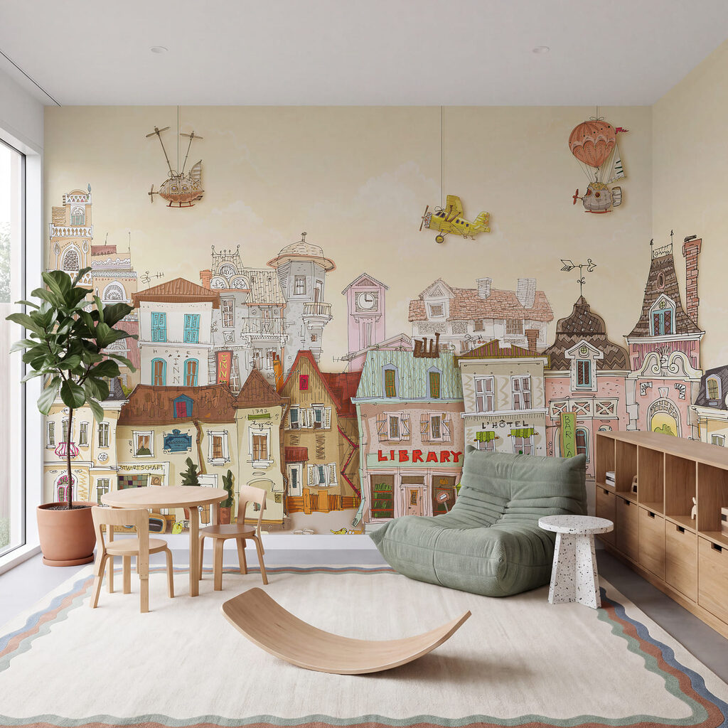 Case colorate con mongolfiere in un ambiente