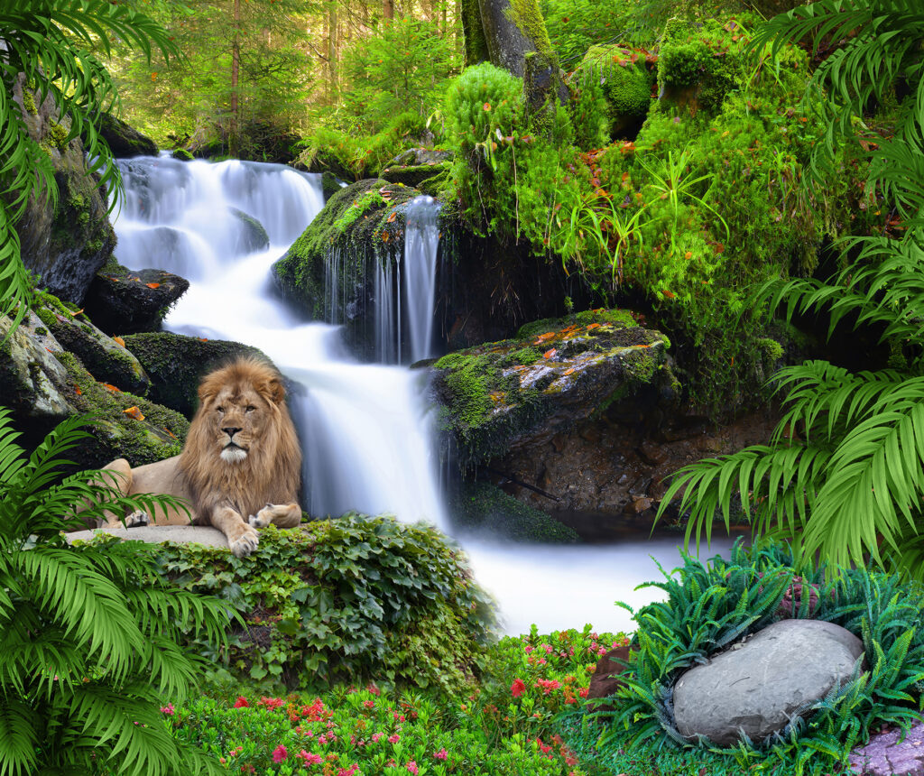Leone presso la cascata — design completo