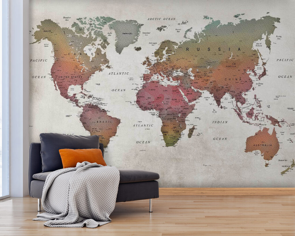 Mappa del mondo terrosa in un ambiente
