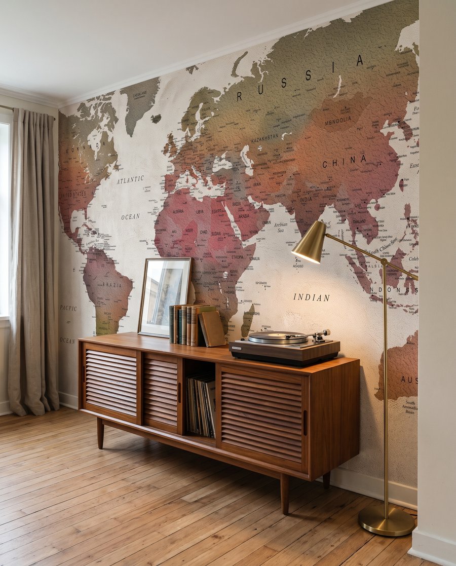 Mappa del mondo terrosa in un ambiente