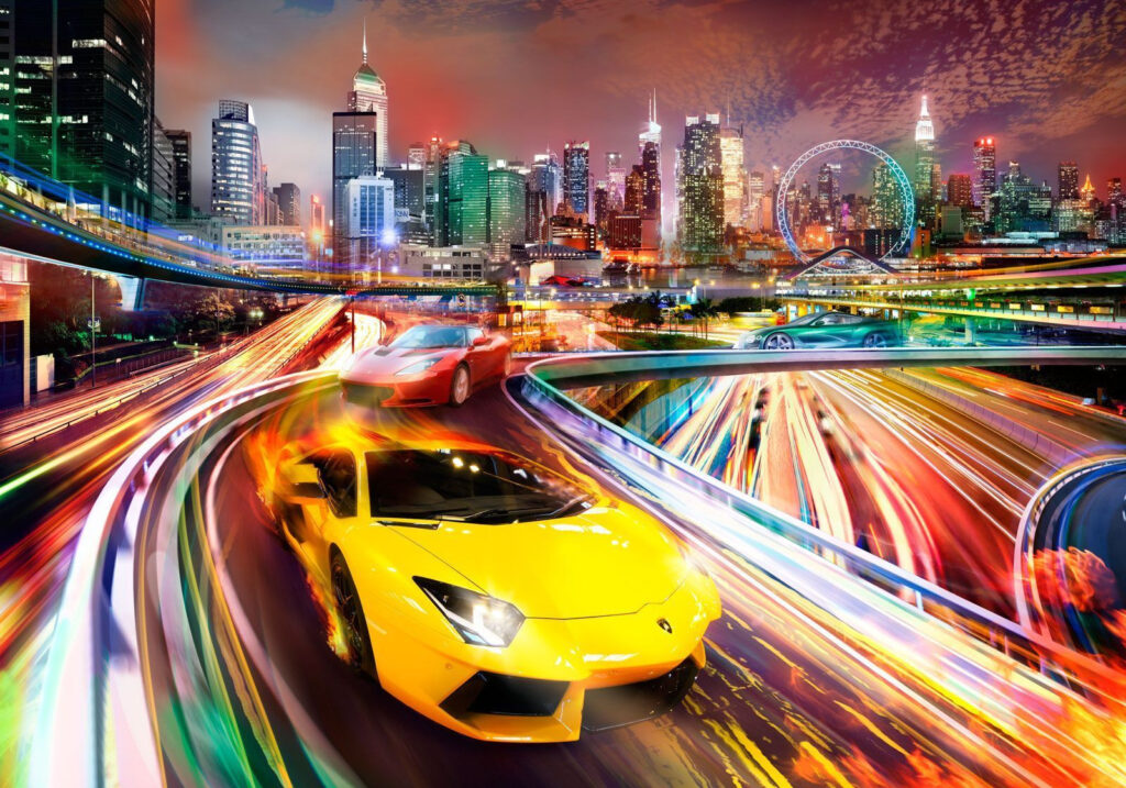 Sportiva tra scie colorate — design completo