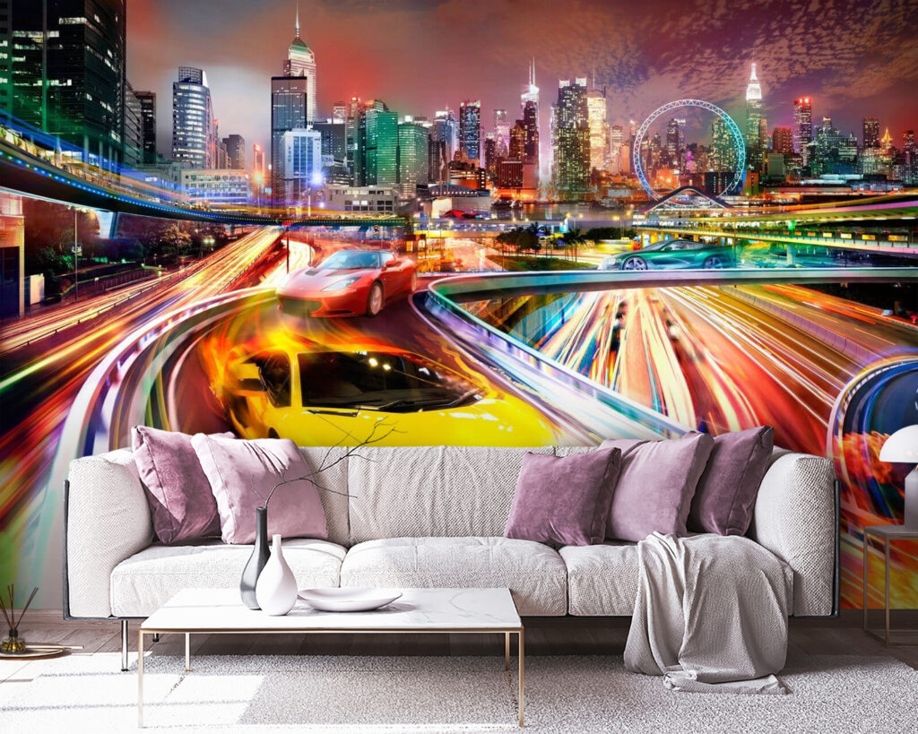 Sportiva tra scie colorate — ambiente 3