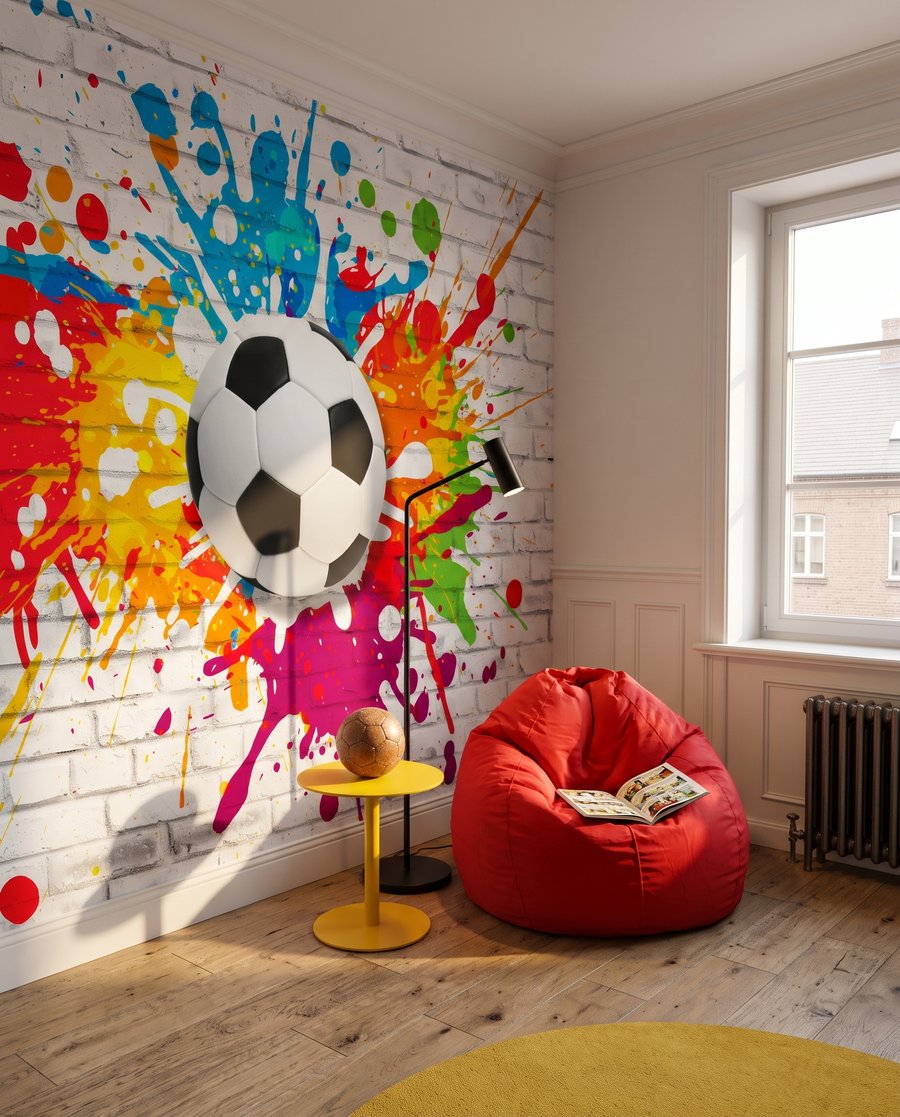 Pallone tra schizzi colorati in un ambiente