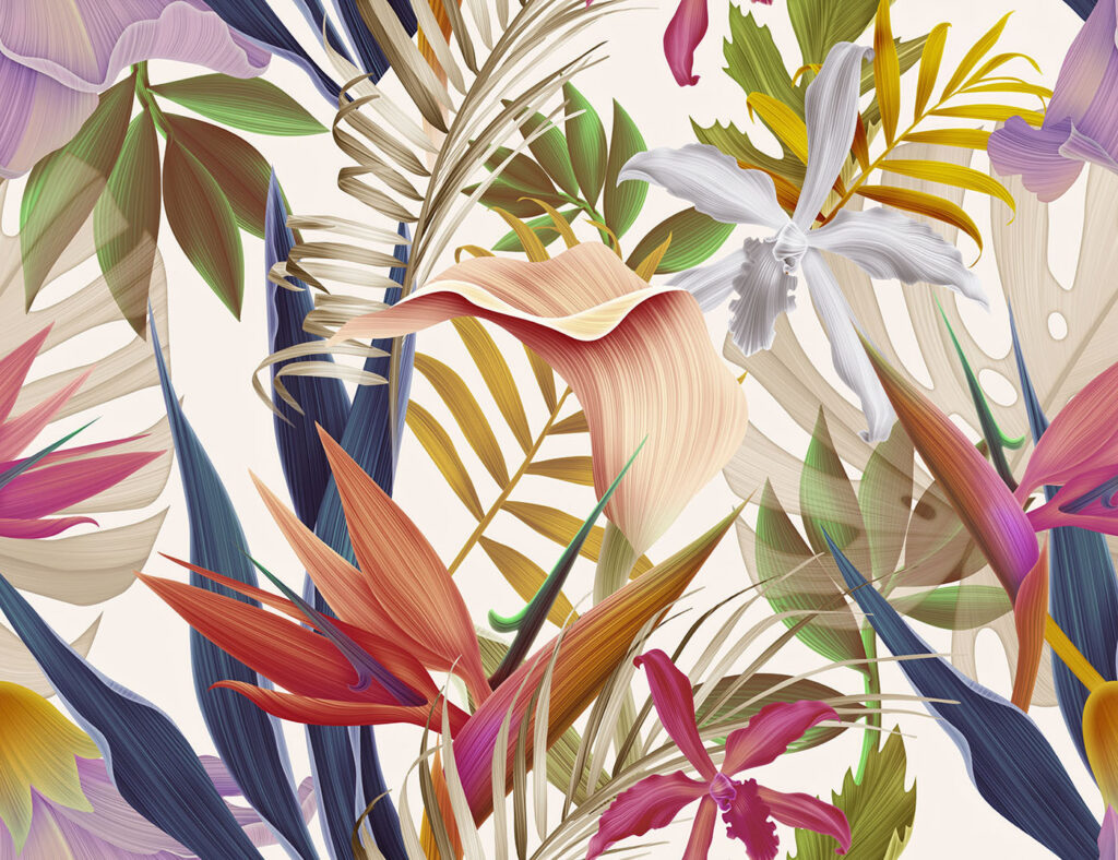 Fiori tropicali tra foglie — design completo