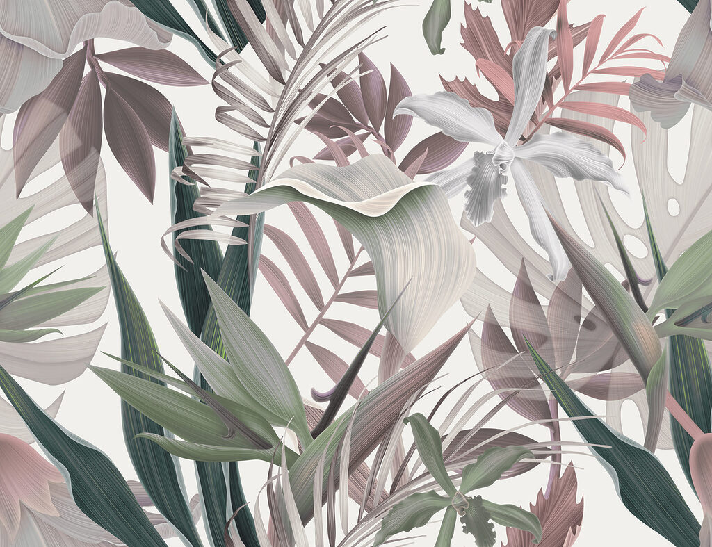 Fiori tropicali tra foglie — design completo