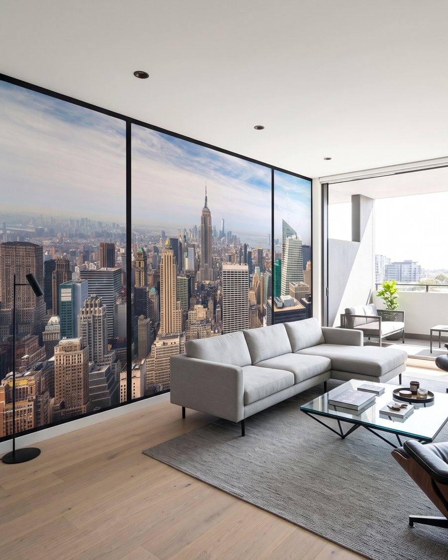 Manhattan dietro infissi neri in un ambiente