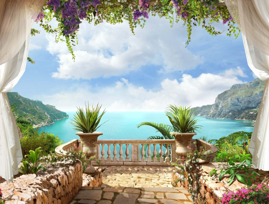 Baia dietro tende fiorite — design completo