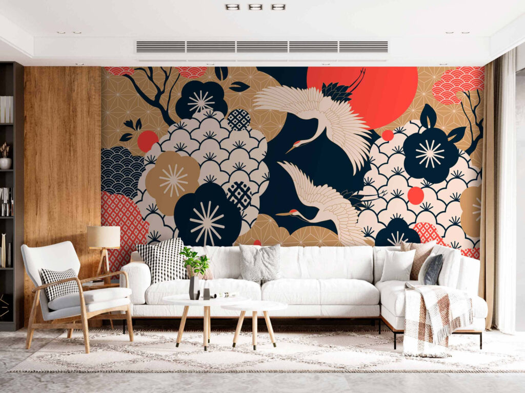 Gru tra fiori stilizzati — ambiente 1
