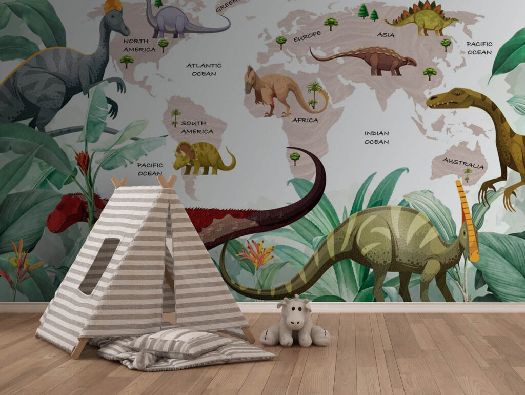 Dinosauri sulla mappa in un ambiente