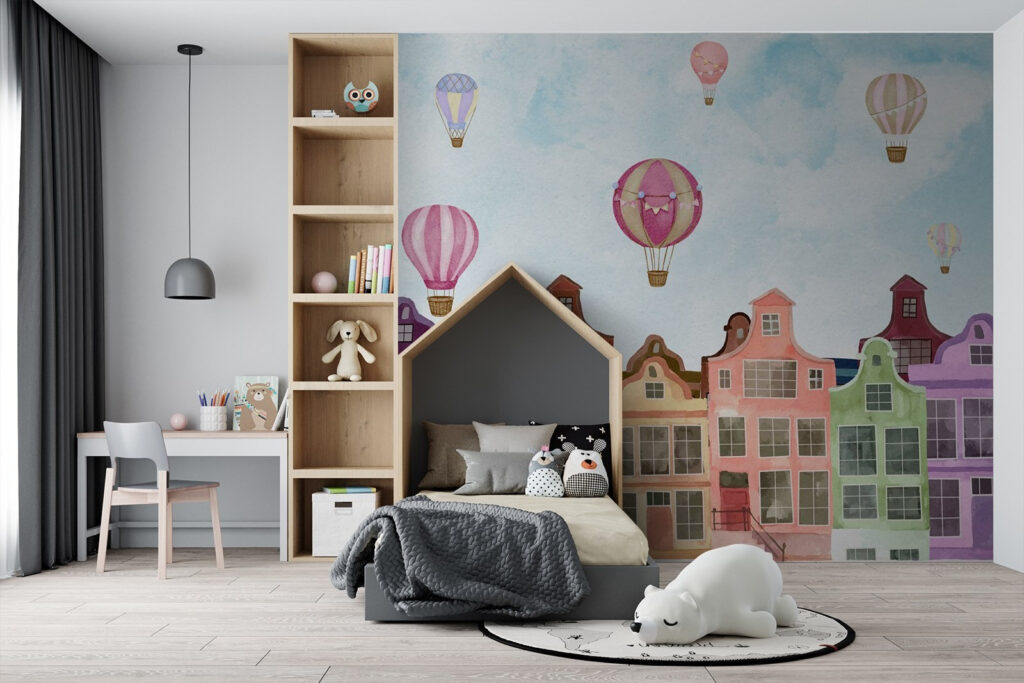 Mongolfiere sopra case colorate — ambiente 1