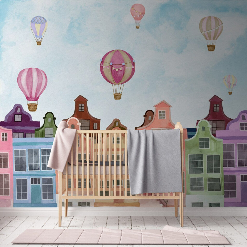 Mongolfiere sopra case colorate — ambiente 3
