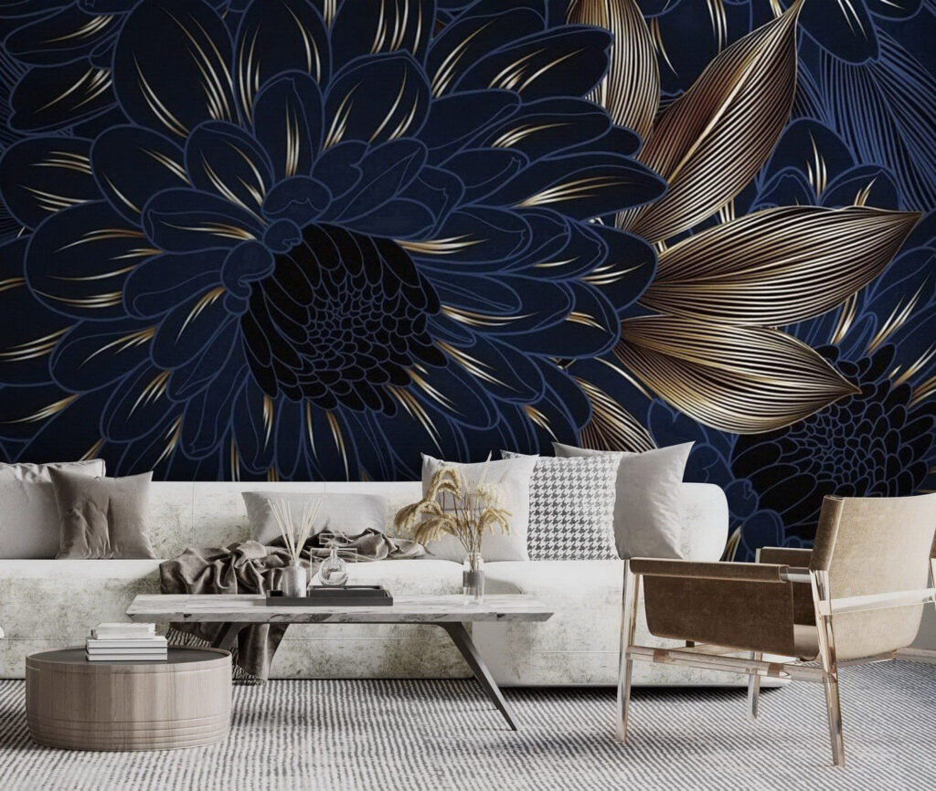 Fiore blu, linee d’oro in un ambiente