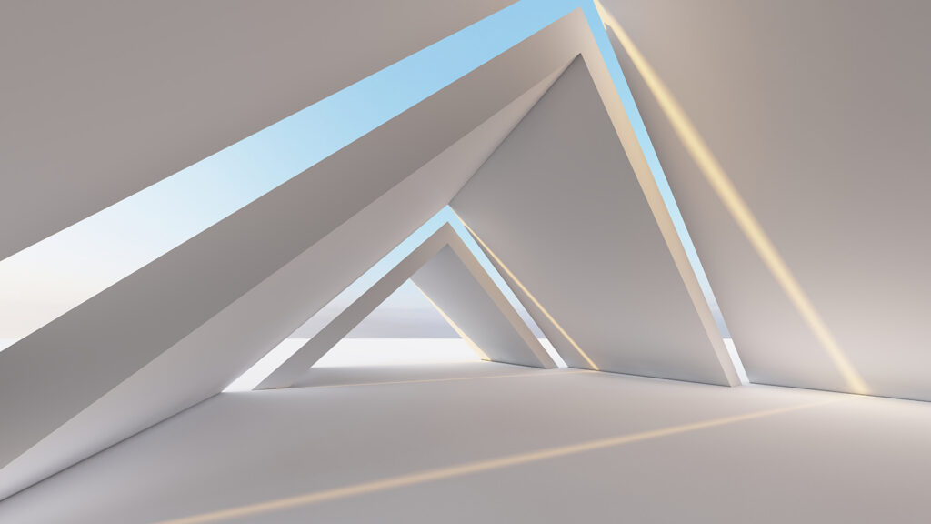 Corridoio triangolare, cielo blu — design completo