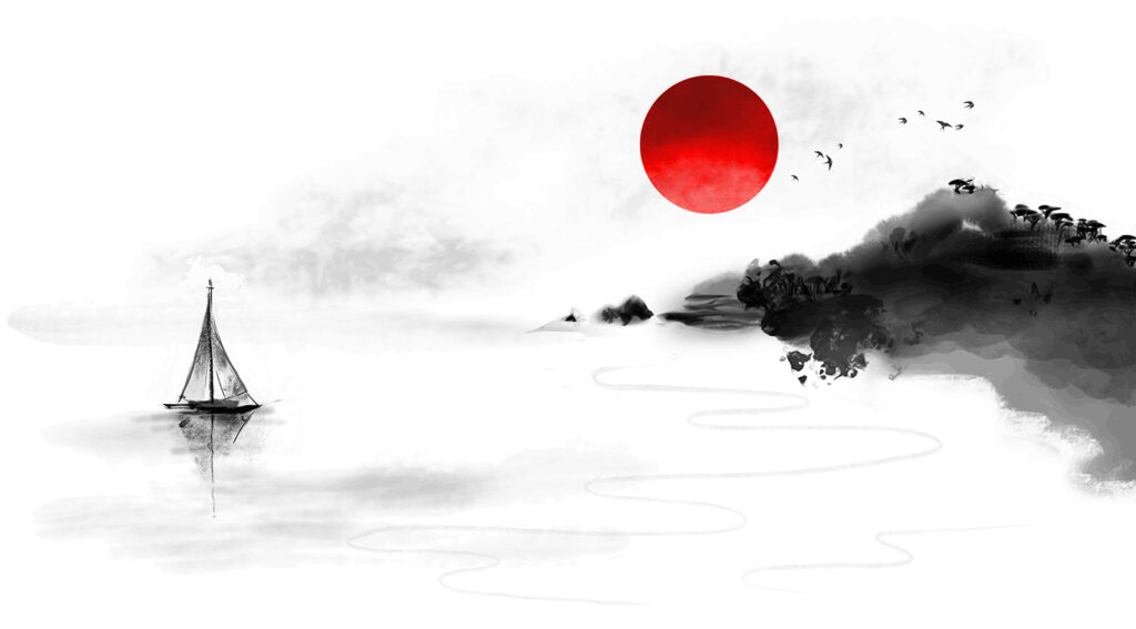 Veliero e sole rosso — design completo