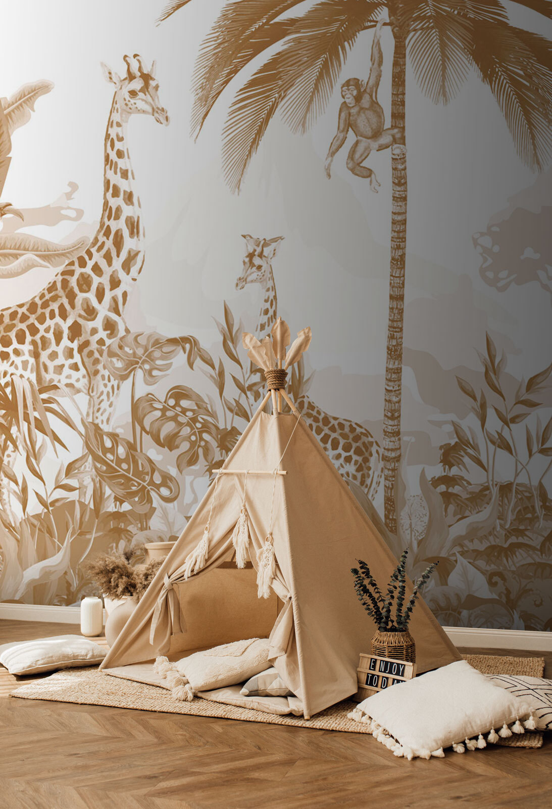 Giraffe in verde dorato in un ambiente