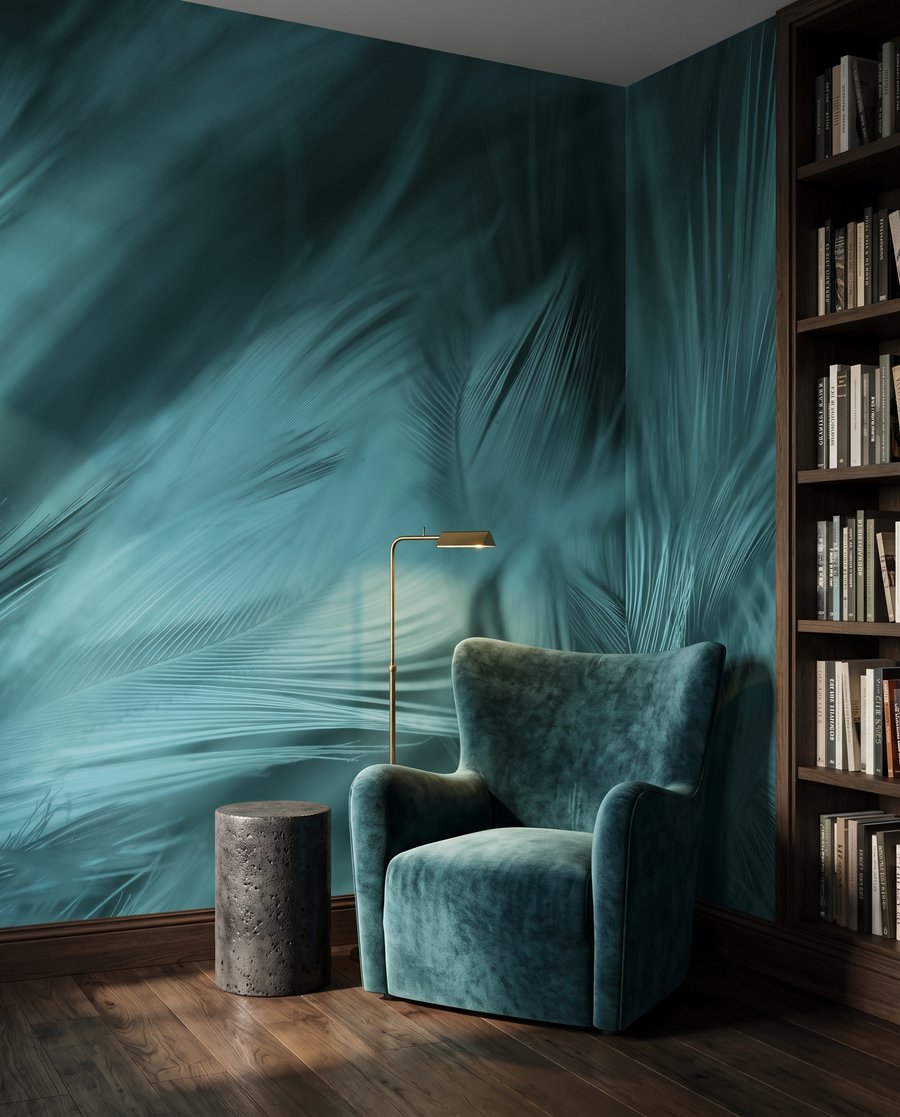 Piume turchesi in movimento — ambiente 3