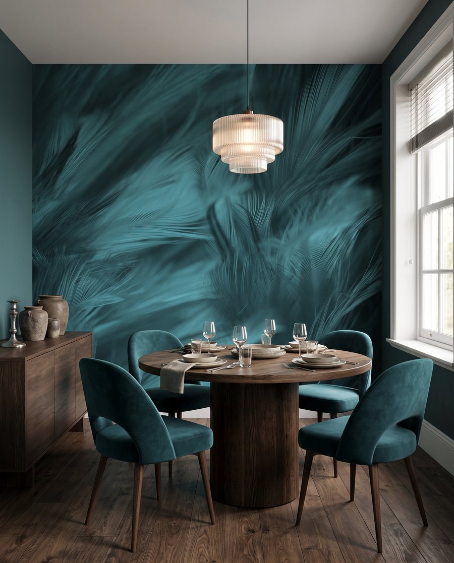 Piume turchesi in movimento — ambiente 6