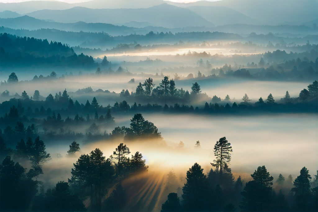Nebbia tra colline boscose — design completo