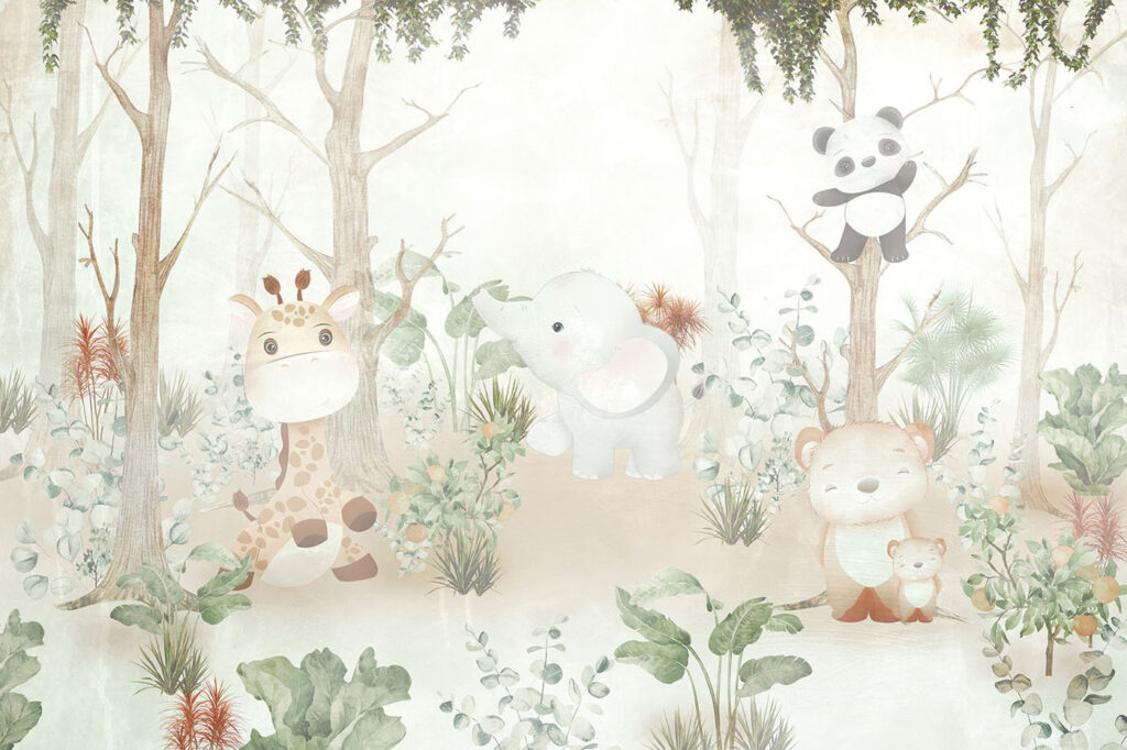 Animaletti tra alberi chiari — design completo