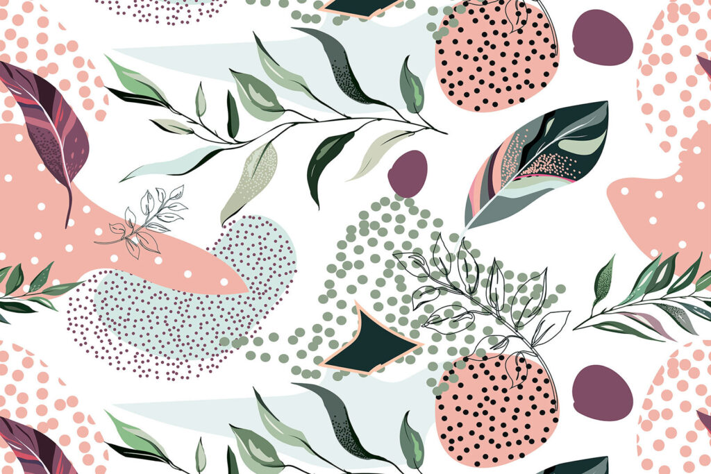 Foglie tra puntini colorati — design completo