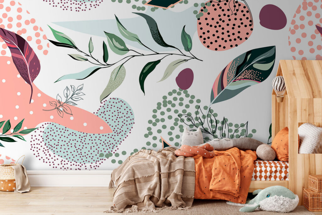 Foglie tra puntini colorati — ambiente 2