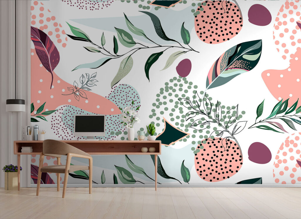 Foglie tra puntini colorati — ambiente 3