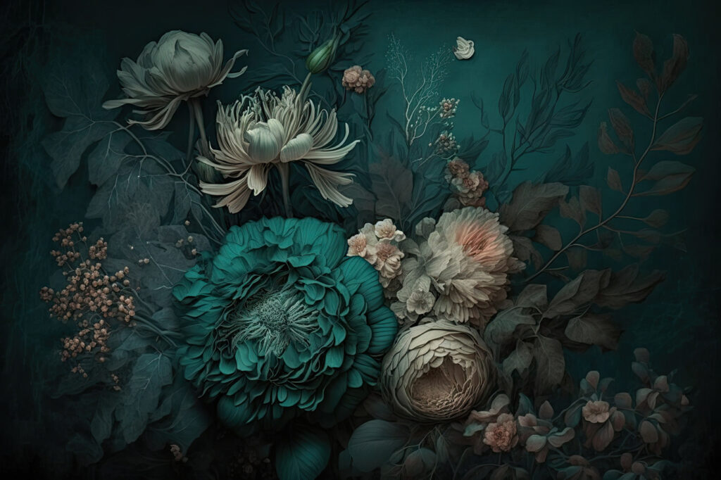 Peonia turchese nell’ombra — design completo
