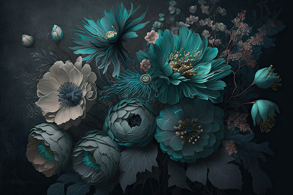 Fiori blu-verdi su scuro — design completo
