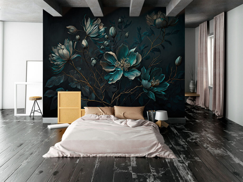 Fiori turchesi su steli in un ambiente