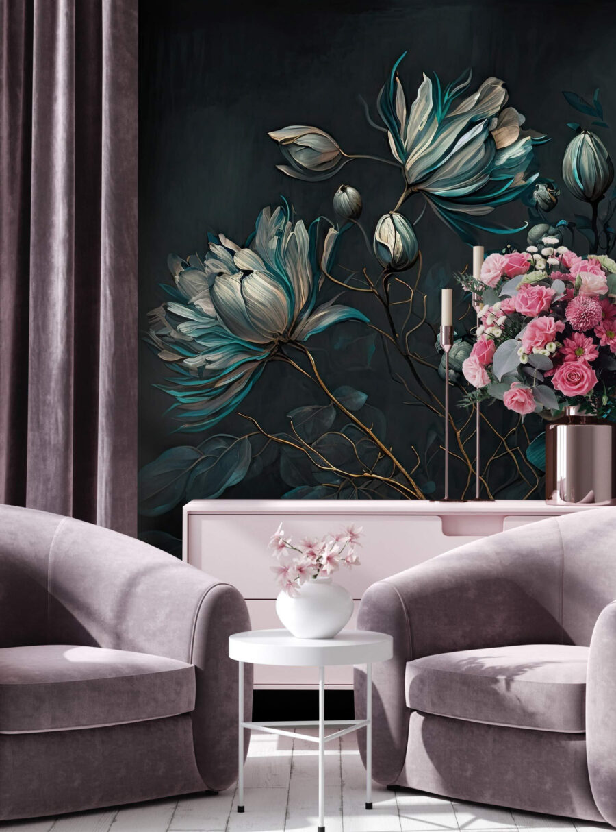 Fiori turchesi su steli — ambiente 2