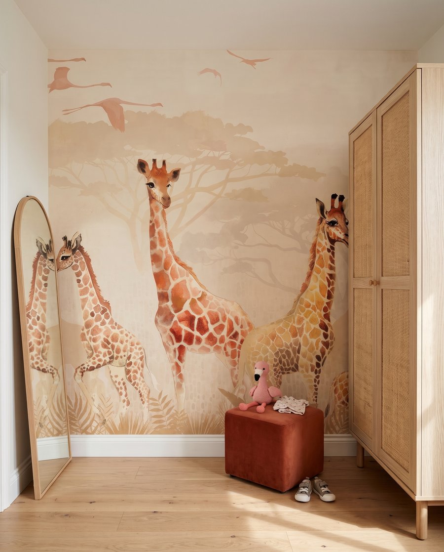 Giraffe nella nebbia in un ambiente