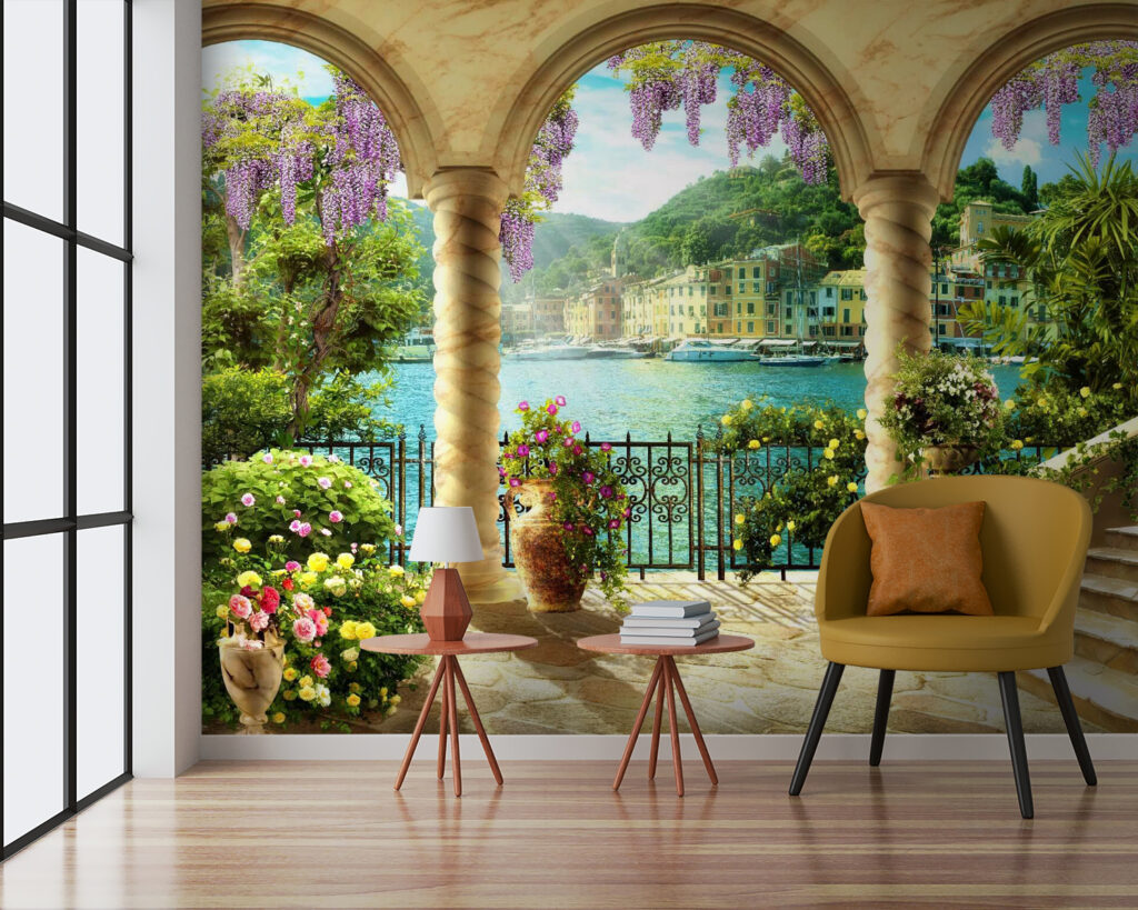 Balcone fiorito, archi dorati — ambiente 5