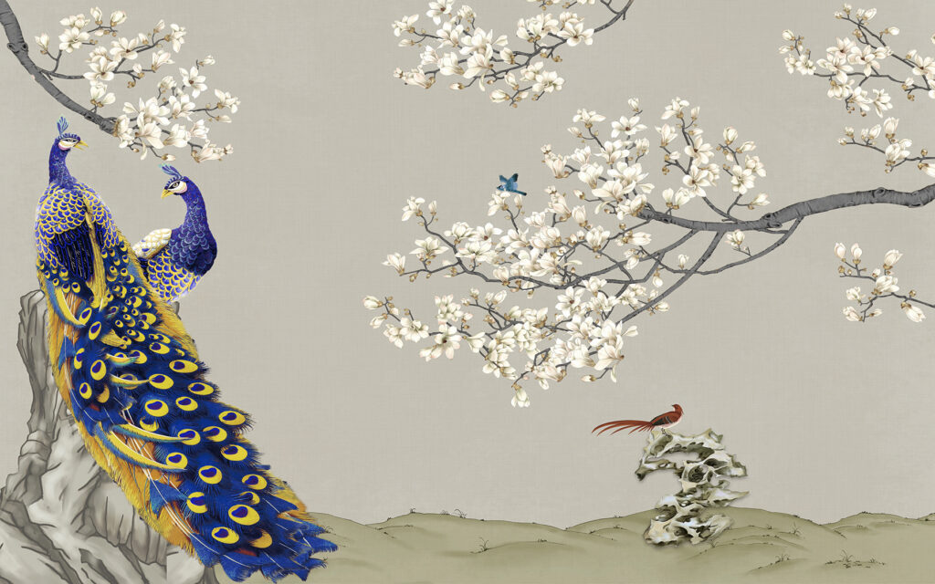 Pavoni e fiori bianchi — design completo