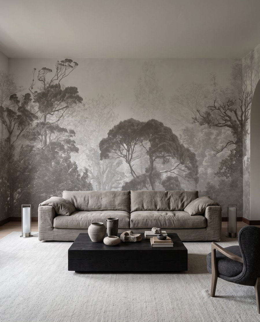 Alberi lontani in grigio in un ambiente