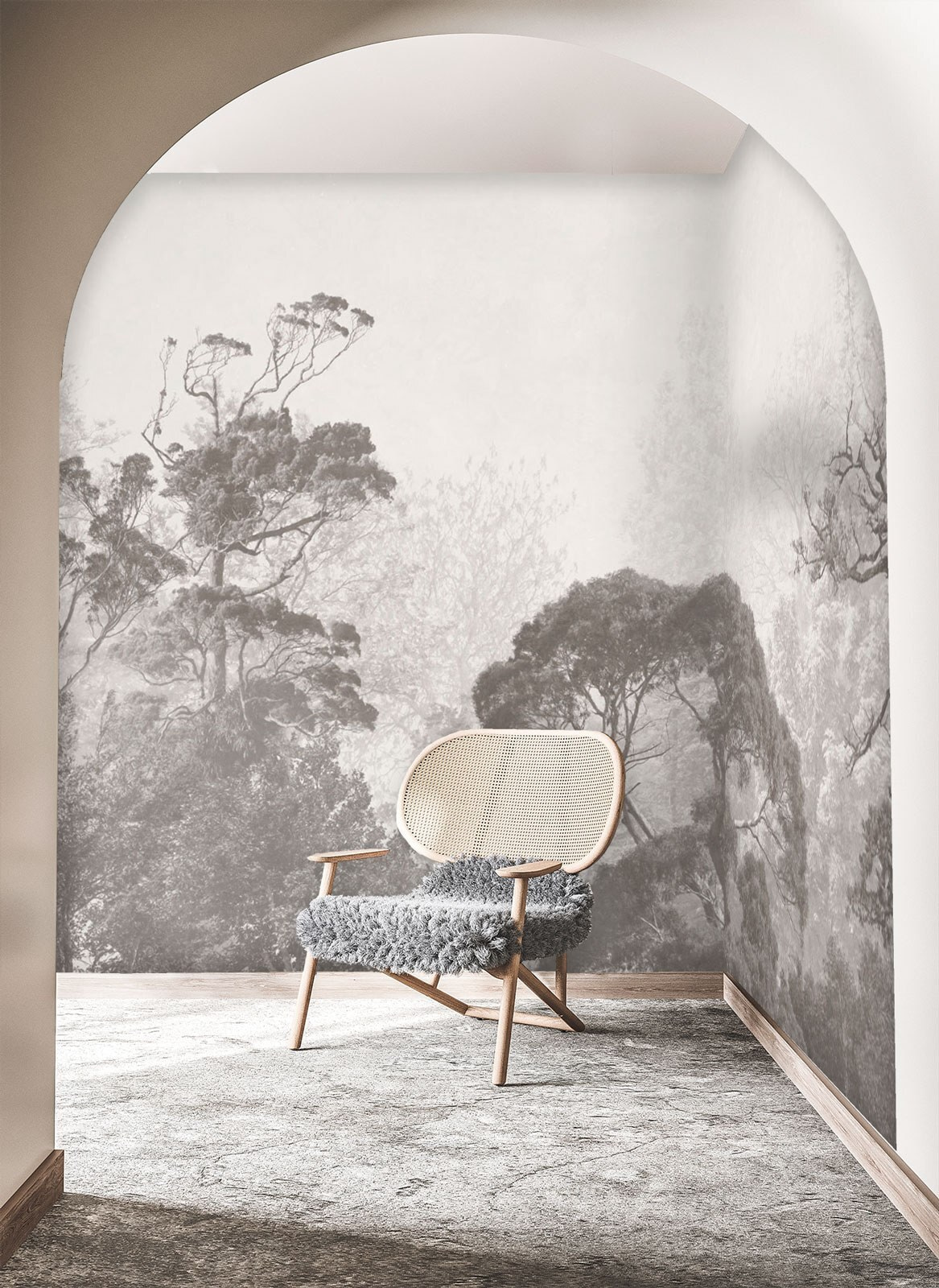 Alberi lontani in grigio in un ambiente