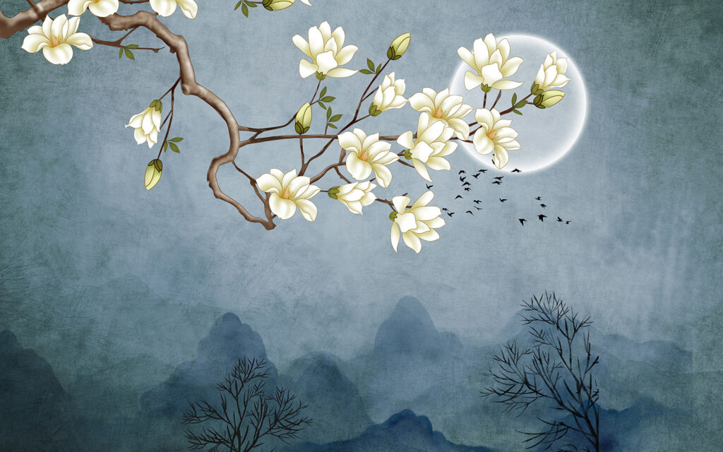 Fiori bianchi e luna — design completo