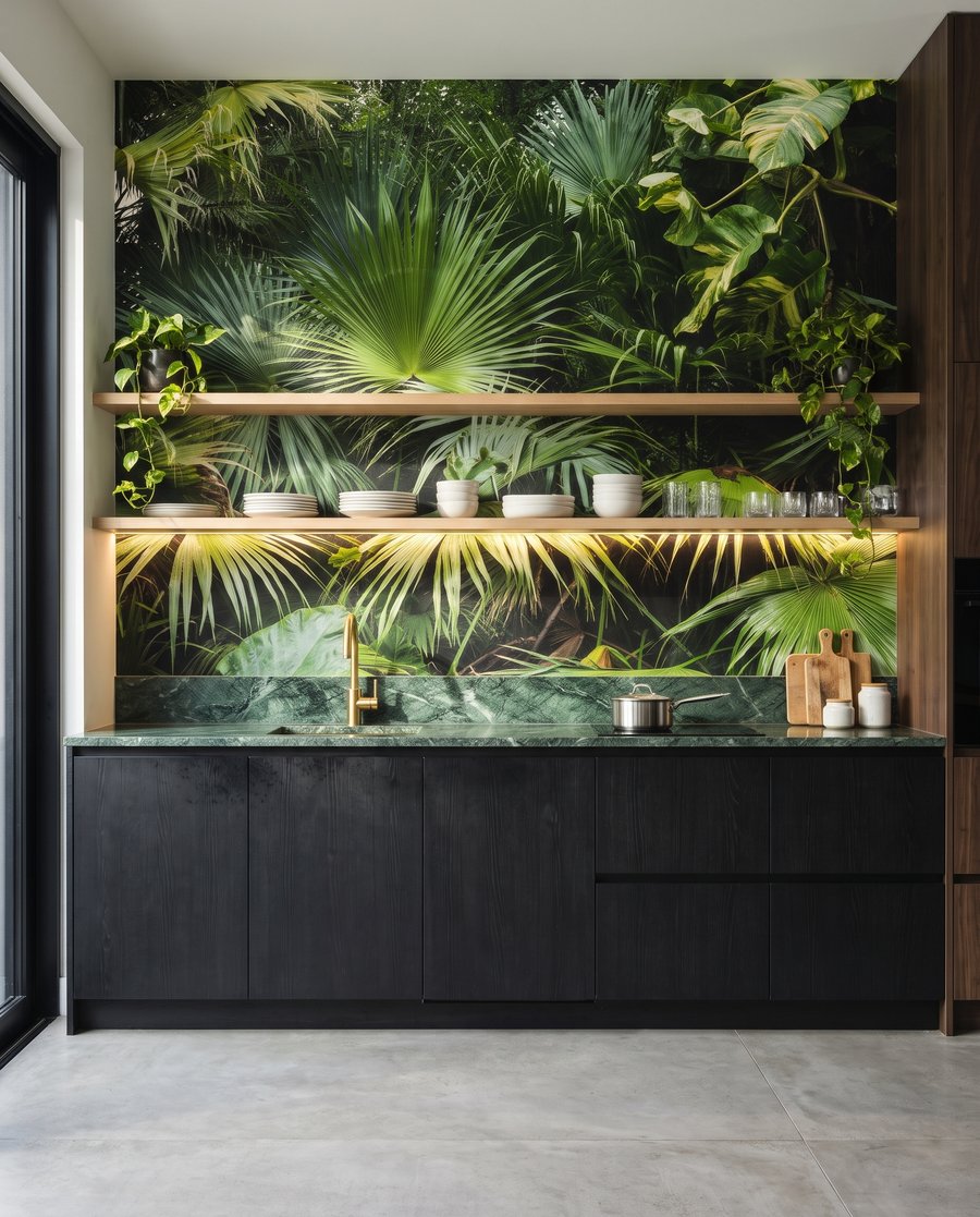 Cascata di foglie tropicali in un ambiente