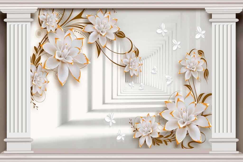 Fiori bianchi tra colonne — design completo