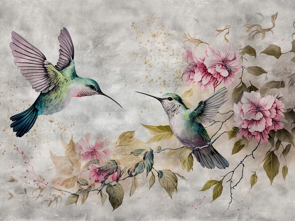 Colibrì accanto ai fiori — design completo