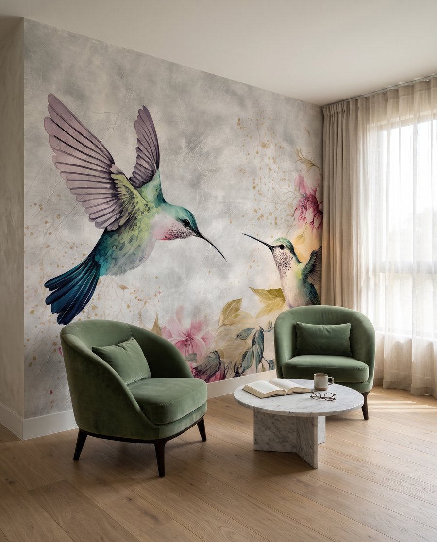 Colibrì accanto ai fiori in un ambiente