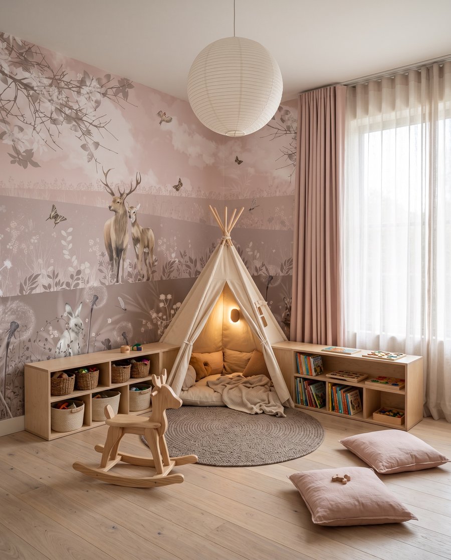 Cervi in prati rosa in un ambiente