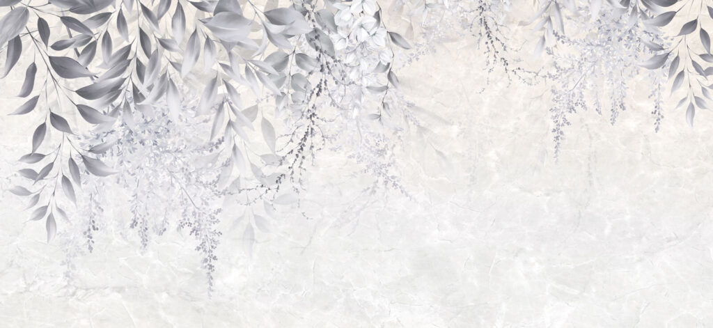 Foglie bianche su grigio — design completo
