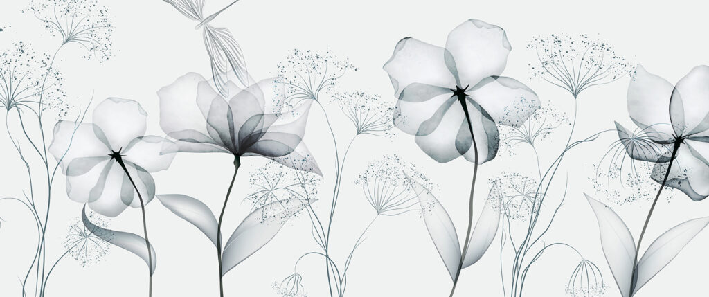 Fiori trasparenti grigio azzurro — design completo
