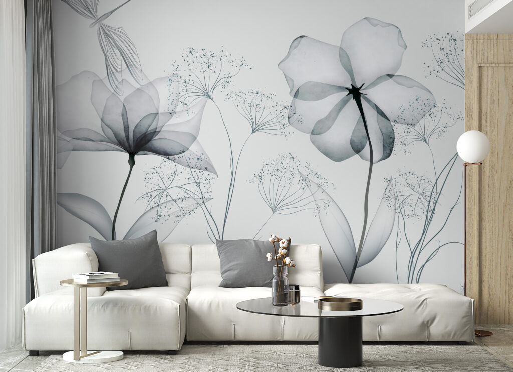 Fiori trasparenti grigio azzurro in un ambiente