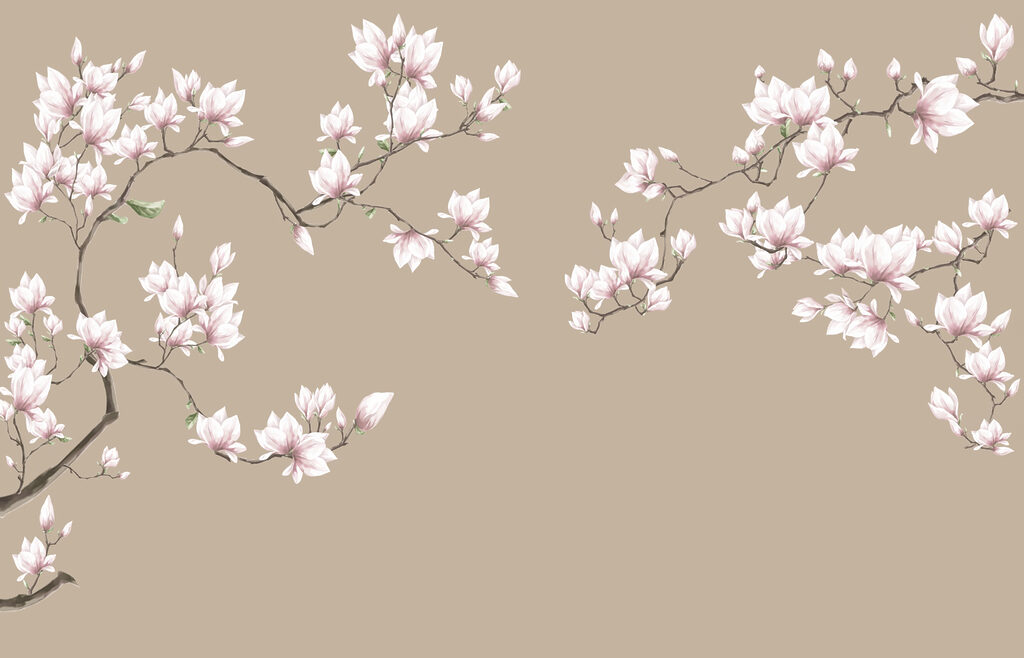 Magnolia rosa su tortora — design completo