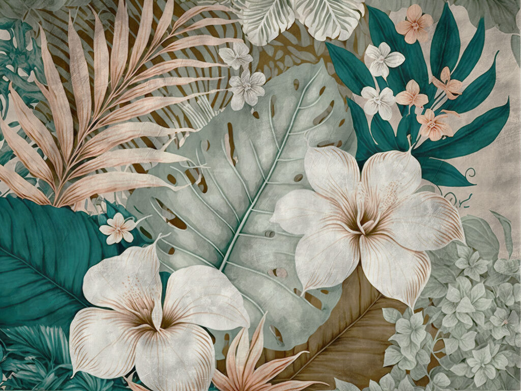 Fiori bianchi su blu-verde — design completo