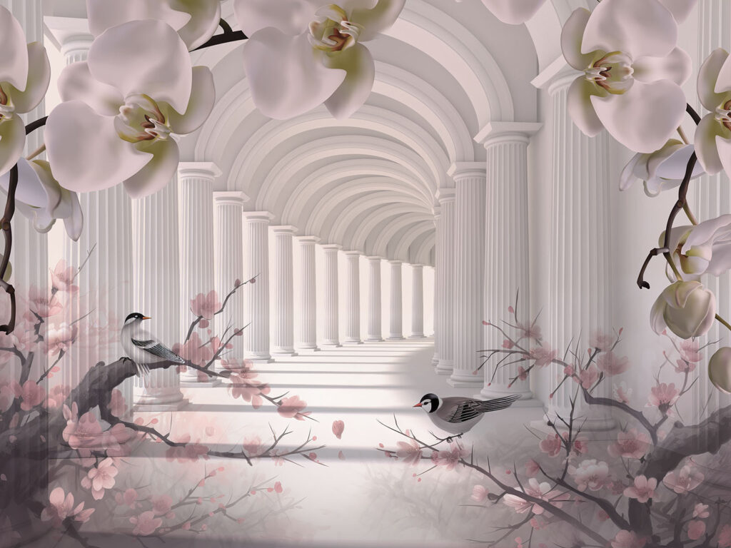 Uccellini tra archi floreali — design completo